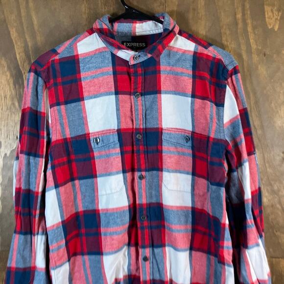 Express Mens Shirt Red White Blue Plaid Button Down Flannel 100% Cotton M - Picture 2 of 12